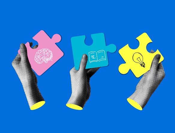 hands holding jigsaw pieces, one showing a brain, one showing a book and one showing a lightbulb